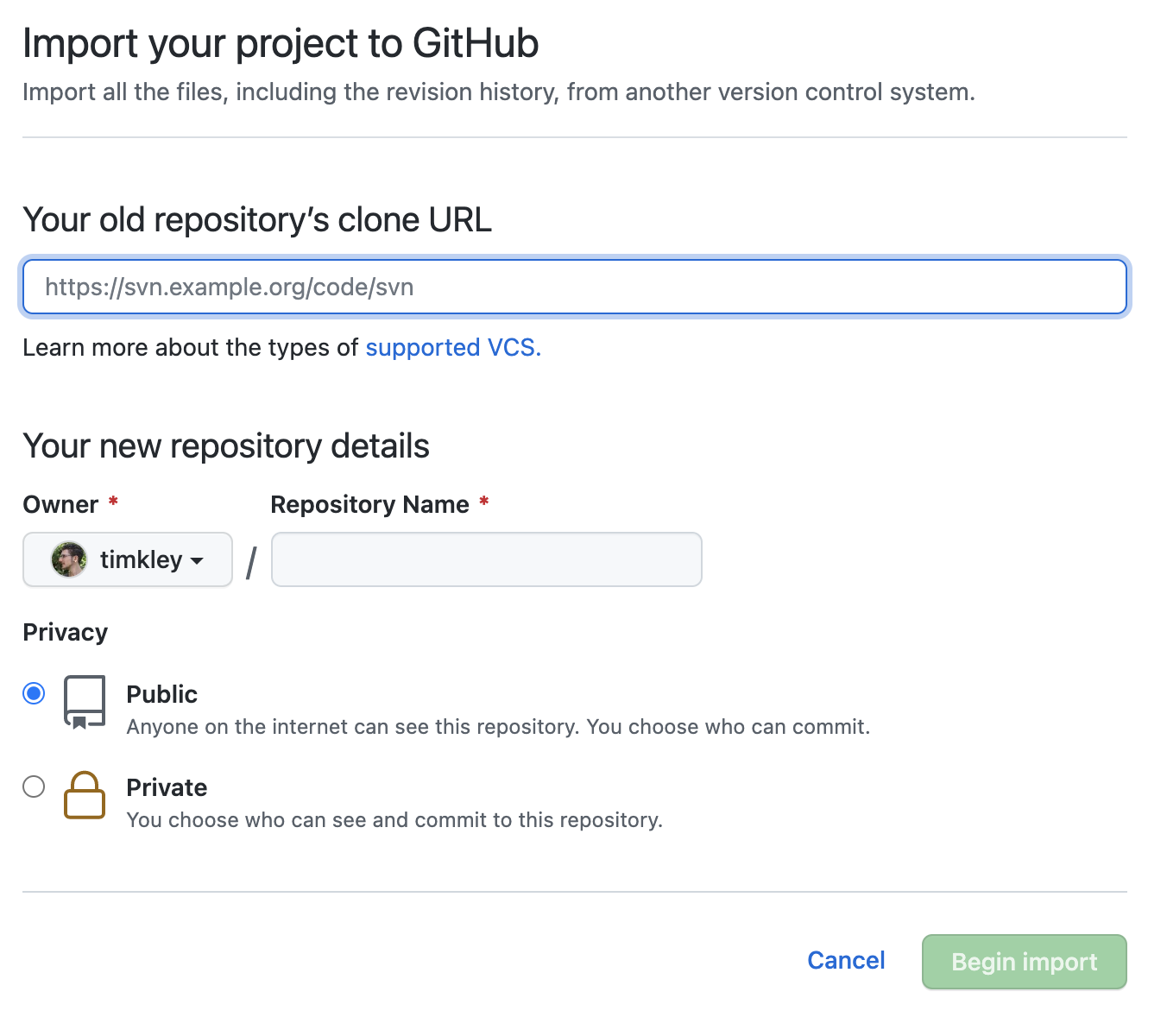 The GitHub import dialogue