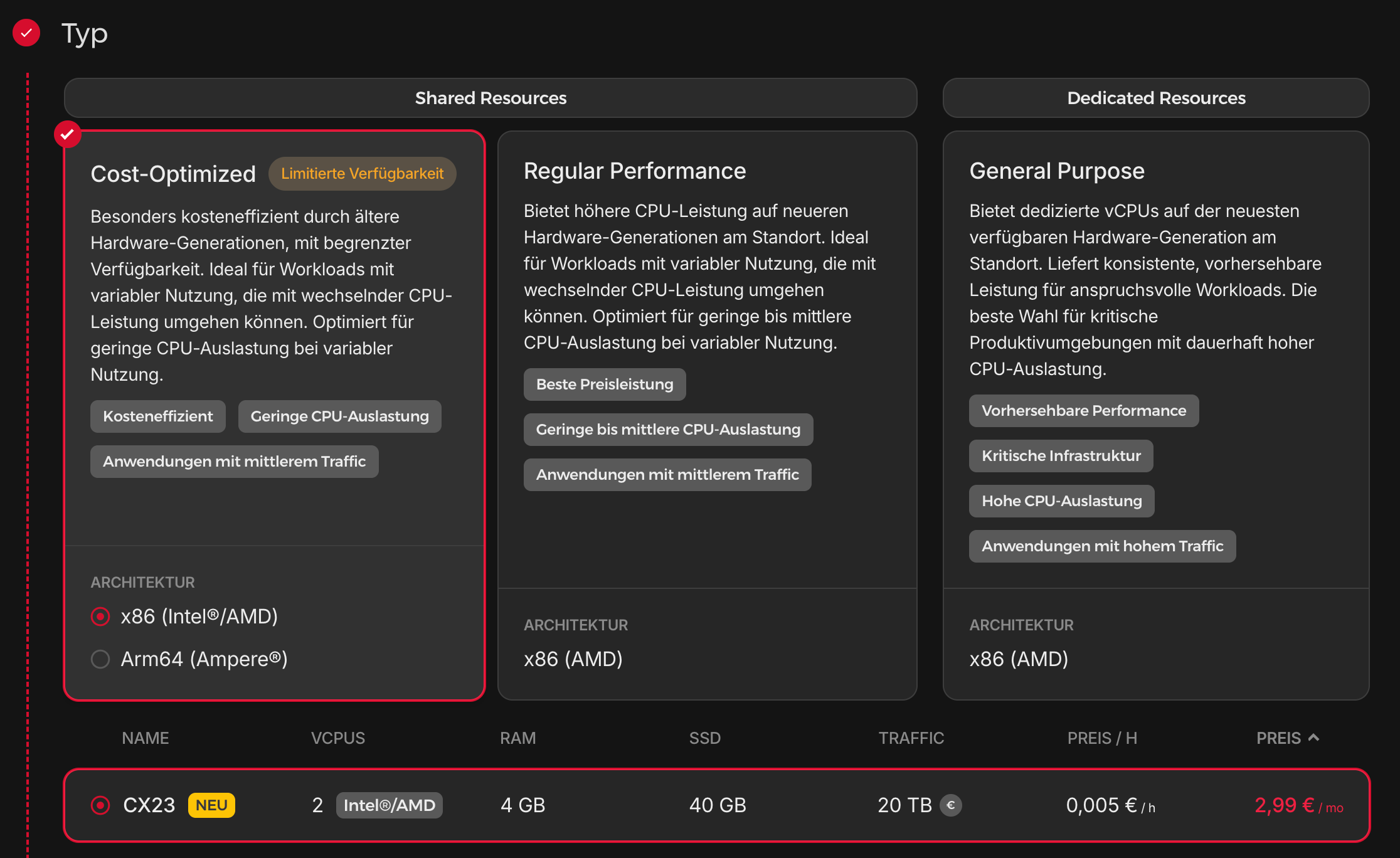 Screenshot of the Hetzner server creation panel