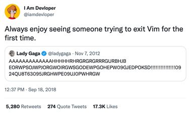 Picture of a Tweet mocking how it looks when first users of Vim try to quit it.