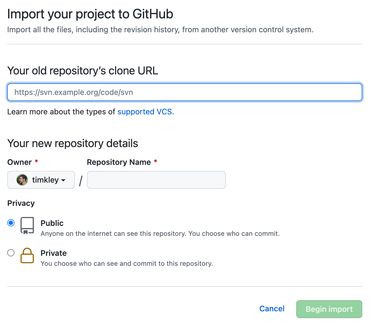 The GitHub import dialogue