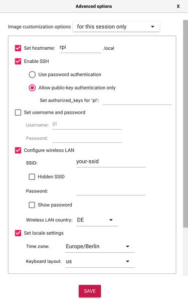 Screenshot of the advanced options of Raspberry Pi Imager